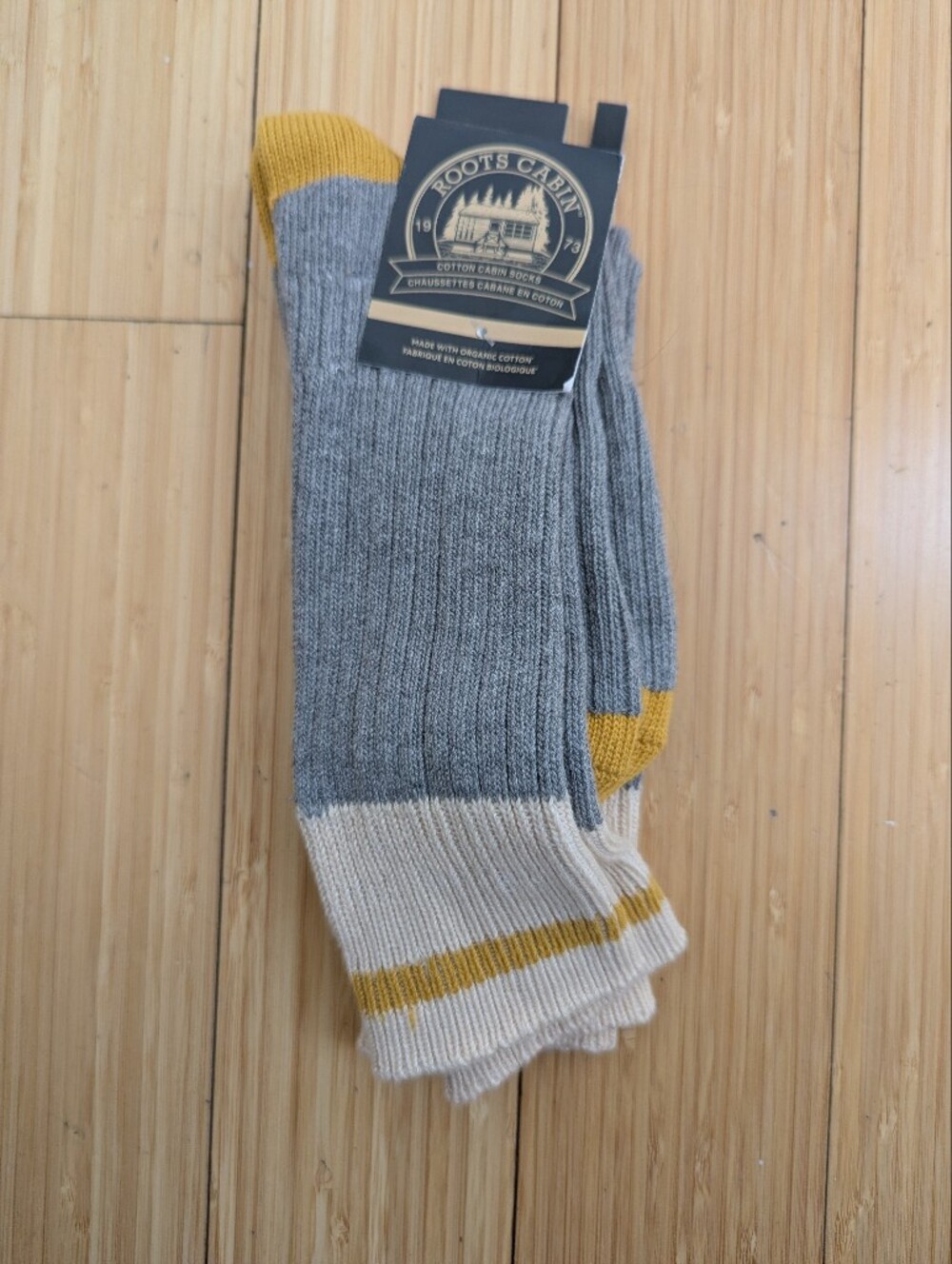 Roots Cabin Men's Grey Crew Socks with Yellow Accents